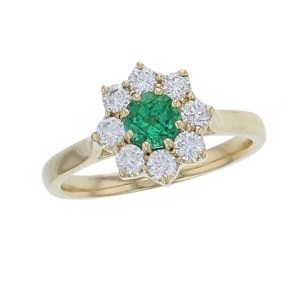 alternative engagement ring, 18ct yellow gold ladies round brilliant cut emerald & diamond designer cluster/halo engagement ring designed & hand crafted by Faller of Derry/ Londonderry, cluster/halo dress ring, precious green gem jewellery