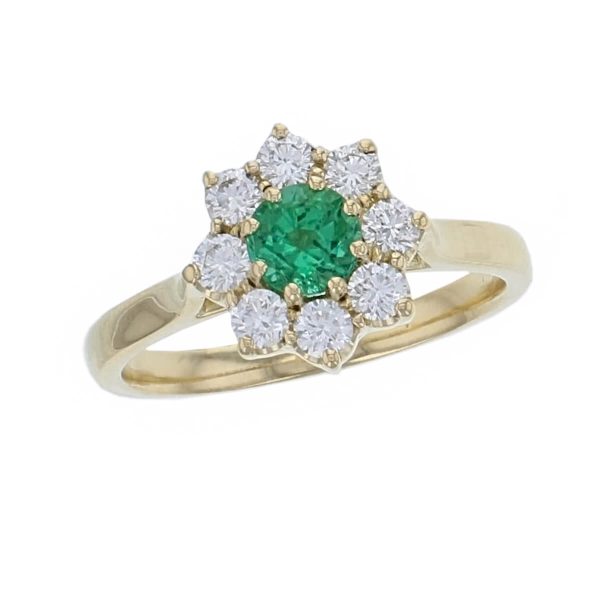 alternative engagement ring, 18ct yellow gold ladies round brilliant cut emerald & diamond designer cluster/halo engagement ring designed & hand crafted by Faller of Derry/ Londonderry, cluster/halo dress ring, precious green gem jewellery