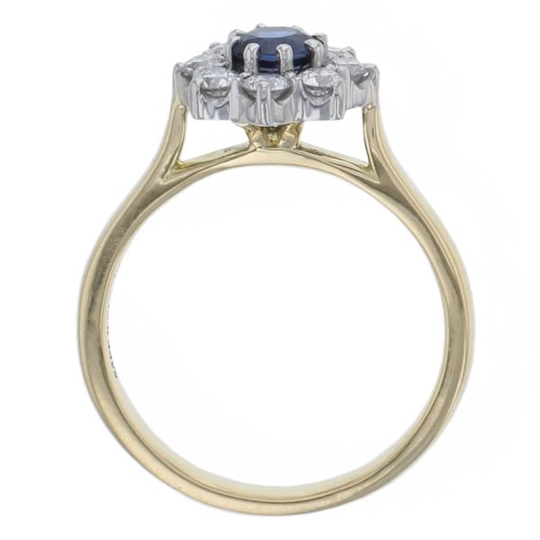 alternative engagemnt ring, 18ct yellow gold & platinum ladies round brilliant cut blue sapphire & diamond designer cluster engagement ring designed & hand crafted by Faller of Derry/ Londonderry, halo dress ring, precious gem jewellery, jewelry