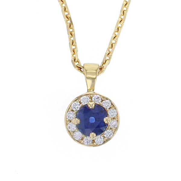 18ct yellow gold ladies brilliant cut sapphire & diamond designer cluster pendant designed & hand crafted by Faller of Derry/ Londonderry, halo pendant, precious blue gem jewellery, jewelry,