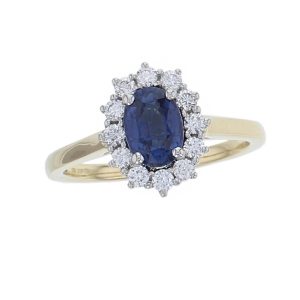 alternative engagemnt ring, 18ct yellow gold & platinum ladies oval cut royal blue sapphire & diamond designer cluster engagement ring designed & hand crafted by Faller of Derry/ Londonderry, halo dress ring, precious gem jewellery, jewelry