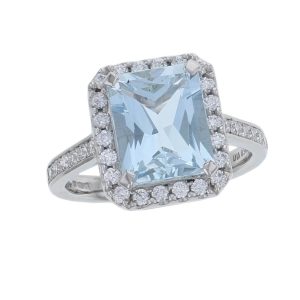 Aquamarine & Diamond Platinum Cluster/Halo Ring