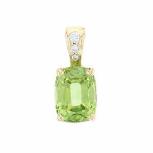 Faller cushion cut peridot gemstone & diamond halo 18ct yellow gold ladies pendant with chain, 18kt, designer, handmade by Faller, Derry/ Londonderry, hand crafted, precious jewellery, jewelry