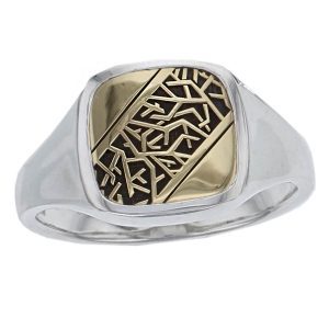silver & 18ct yellow gold signet ring, twig patterned ladies or mens ring