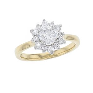 round brilliant cut diamond cluster engagement ring, 18ct yellow gold, platinum, designer, handmade by Faller, hand crafted, betrothal, promise, precious jewellery, jewelry, hand crafted dress ring