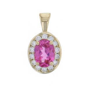 18ct yellow gold ladies oval cut pink spinel & diamond halo pendant