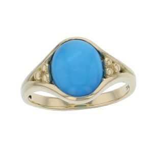 18ct yellow gold oval cabochon cut blue turquoise gemstone ladies dress ring, designer jewellery, gem, jewelry, handmade by Faller, Londonderry, Northern Ireland, Irish hand crafted