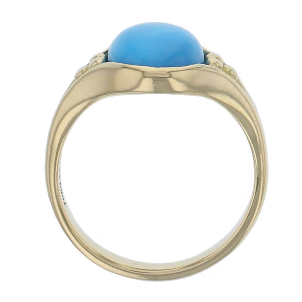 18ct yellow gold oval cabochon cut blue turquoise gemstone ladies dress ring, designer jewellery, gem, jewelry, handmade by Faller, Londonderry, Northern Ireland, Irish hand crafted